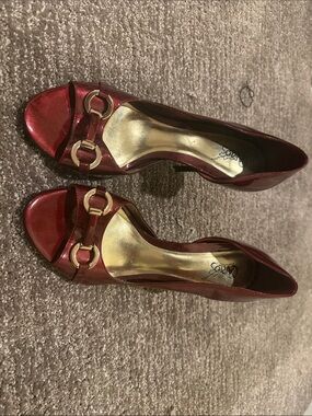 Carlos Santana Metallic Red Peep-Toe Heels with Gold Hardware